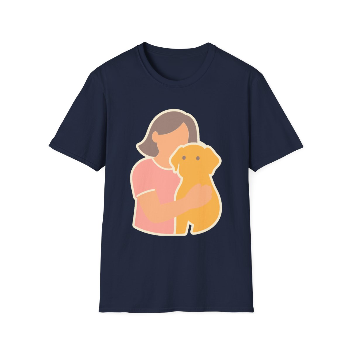 Navy t-shirt, front view, printed with person holding a dog illustration