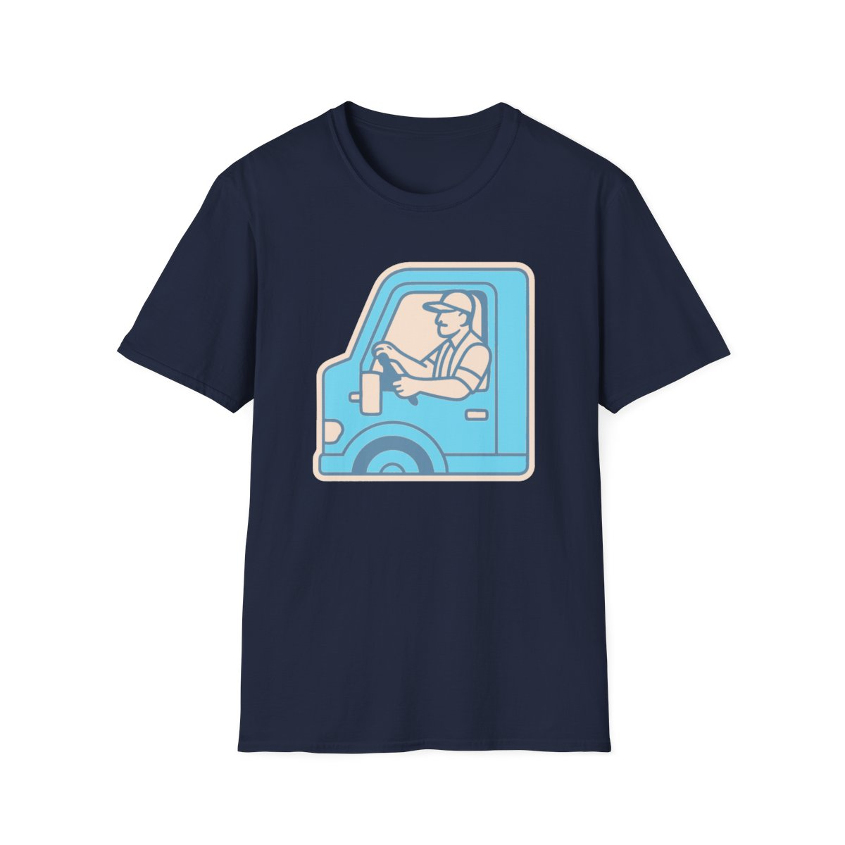 Navy t-shirt, front view, printed with truck driver in cab illustration