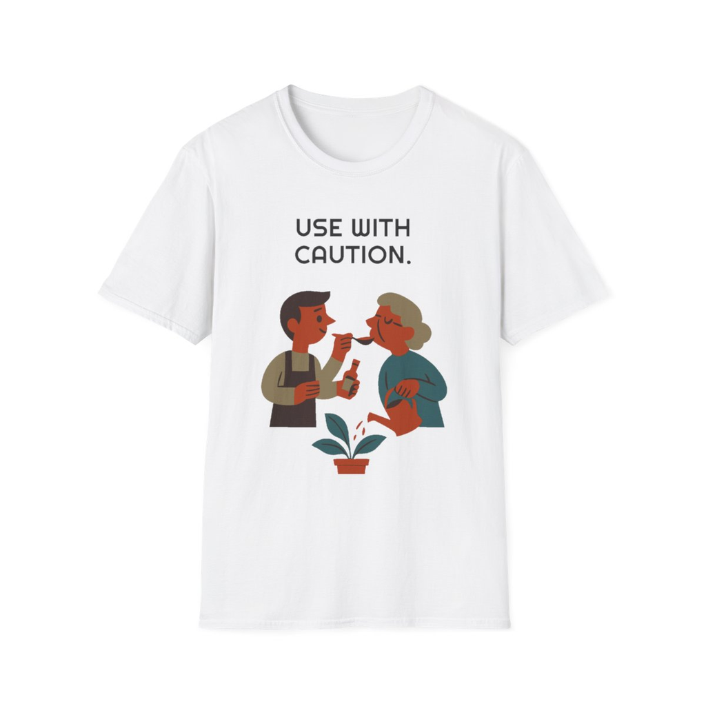 White t-shirt, front view, printed with a small-batch hot-sauce maker design
