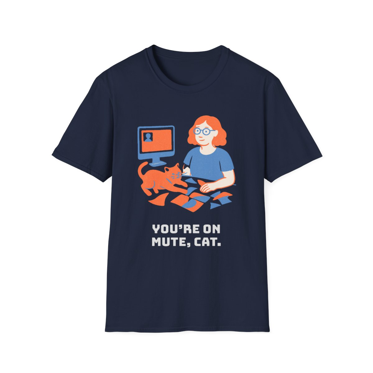 Navy t-shirt, front view, printed with a modern quilt guild member design