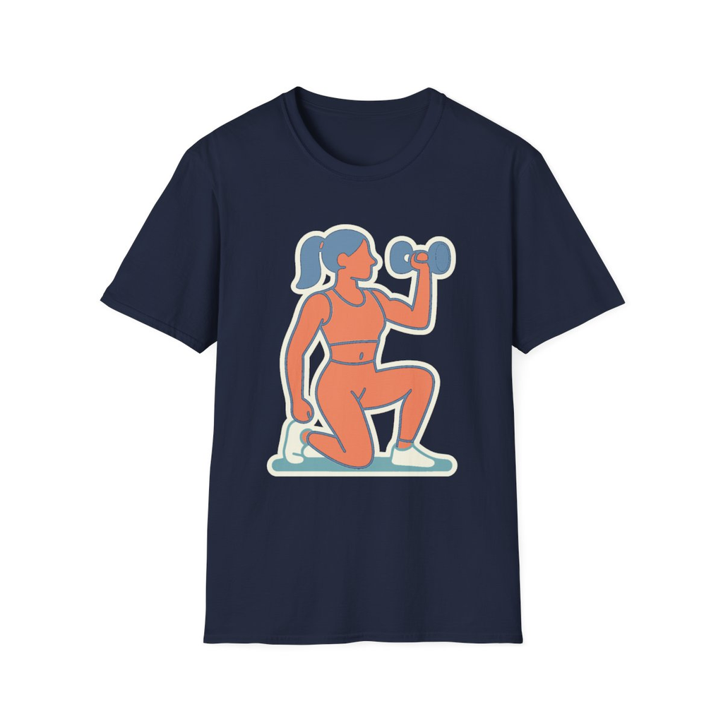 Navy t-shirt, front view, printed with woman kneeling with dumbbell
