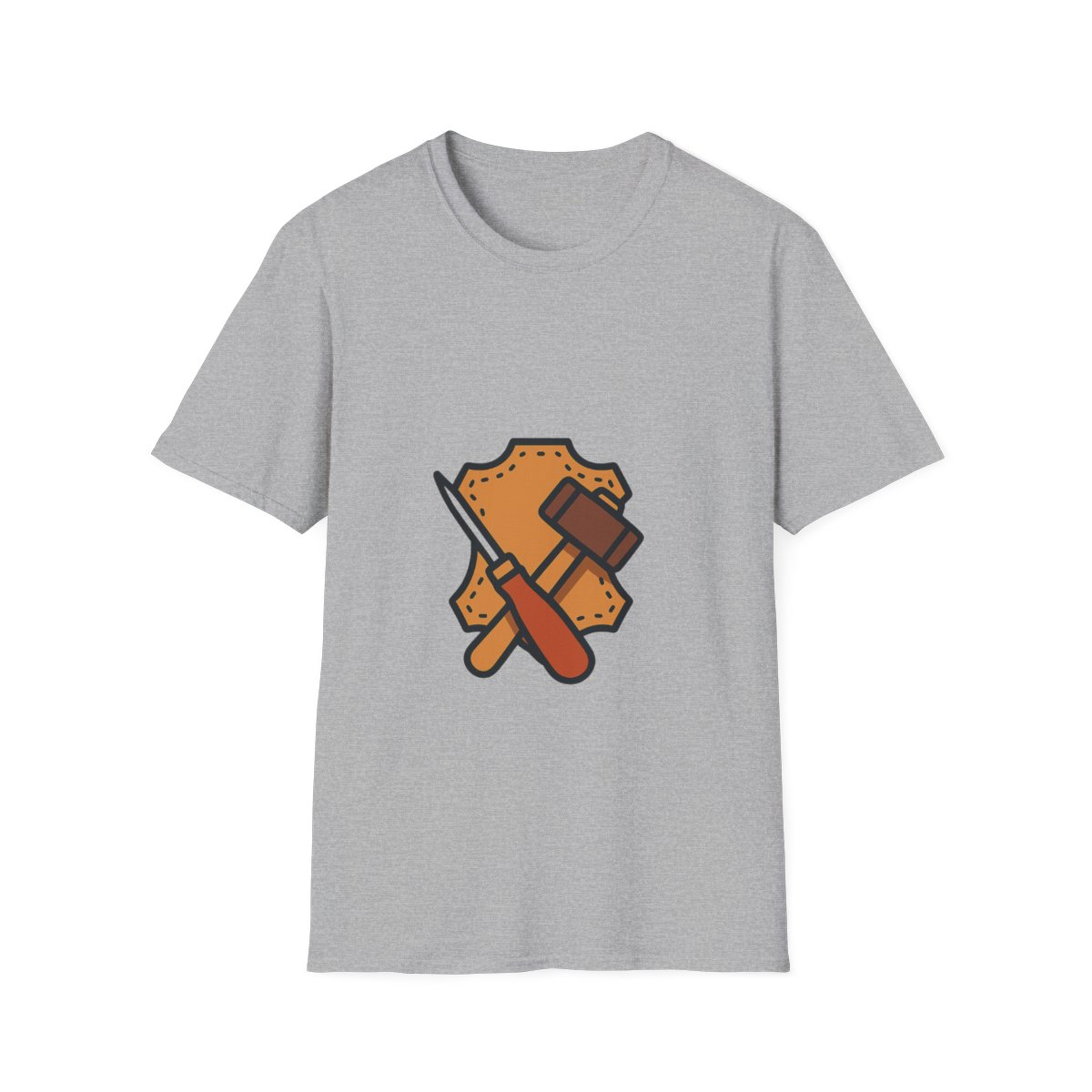 Sport Grey t-shirt, front view, printed with stylized leather hide and awl
