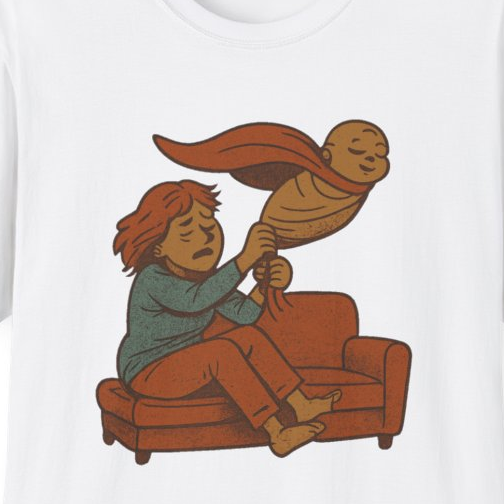 Close-up of the printed design detail: exhausted newborn mom, attempting a serene baby swaddle on couch