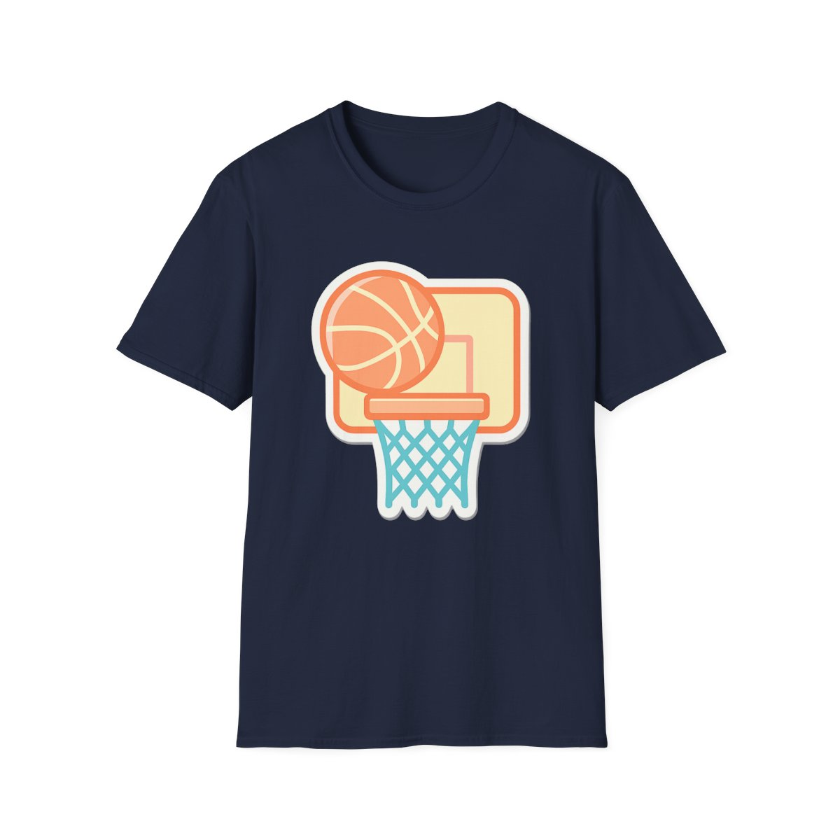 Navy t-shirt, front view, printed with illustrated basketball, hoop, and net