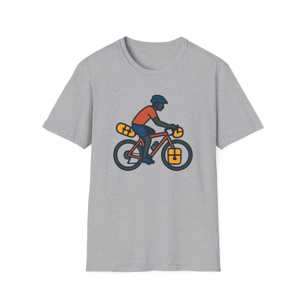 Sport Grey t-shirt, front view, printed with illustration of a loaded bikepacking bicycle