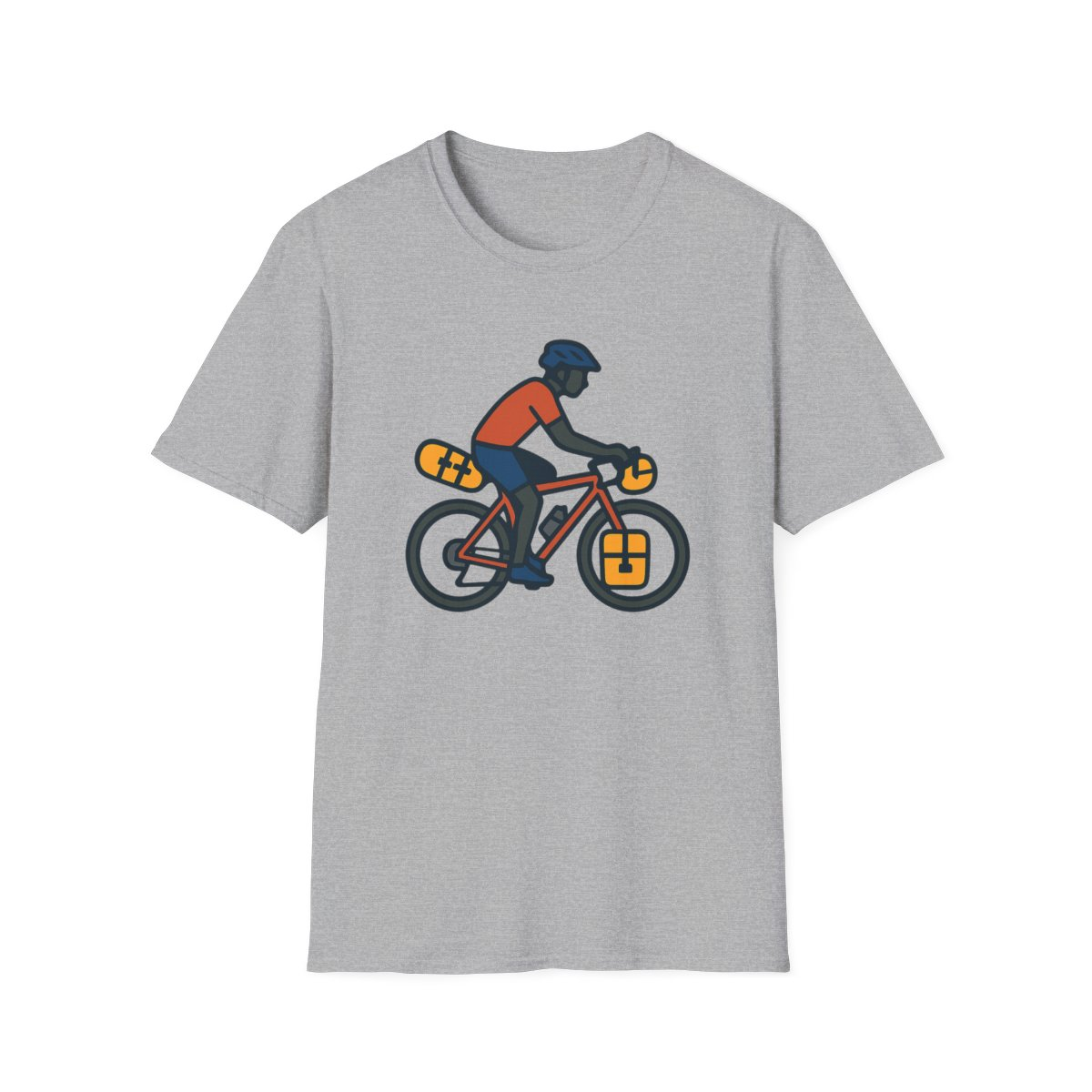 Sport Grey t-shirt, front view, printed with illustration of a loaded bikepacking bicycle