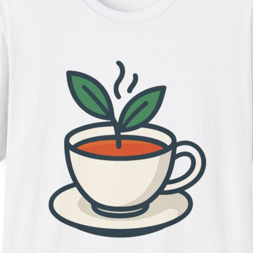 Close-up of the printed design detail: hands holding steaming teacup with leaf