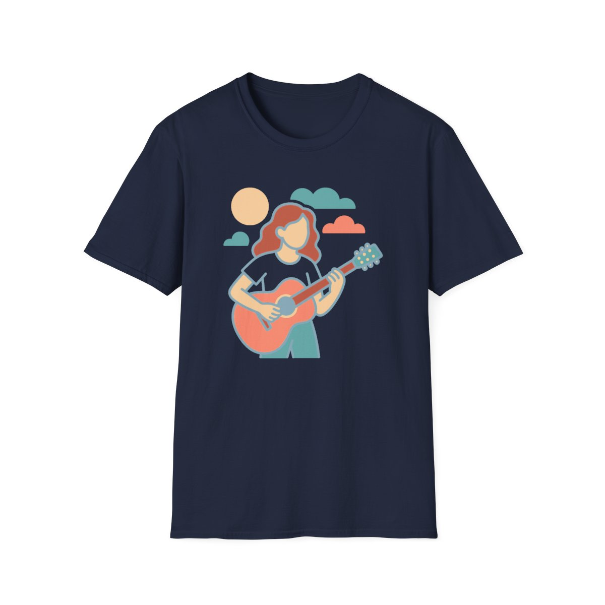 Navy t-shirt, front view, printed with faceless person playing acoustic guitar