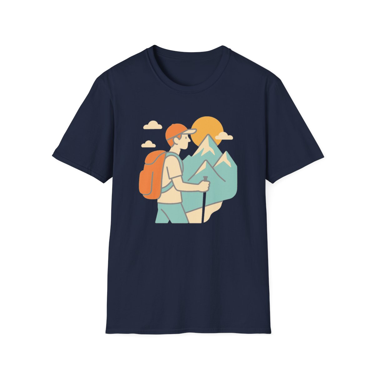 Navy t-shirt, front view, printed with hiker looking at mountain peaks
