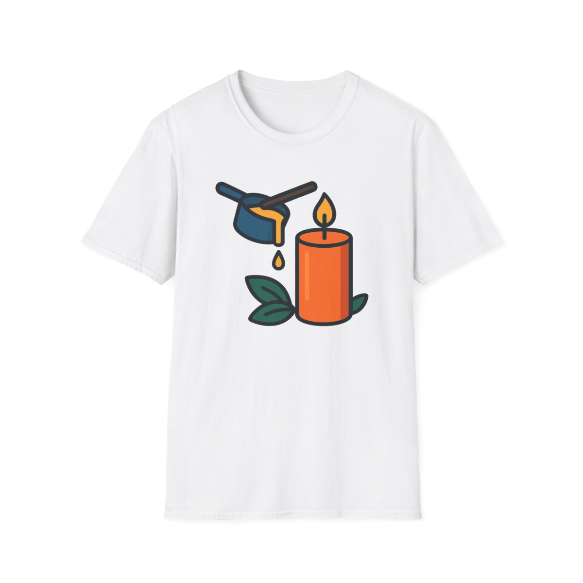 White t-shirt, front view, printed with pitcher pouring wax into candle
