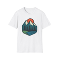 White t-shirt, front view, printed with sunrise mountains, trees, winding path