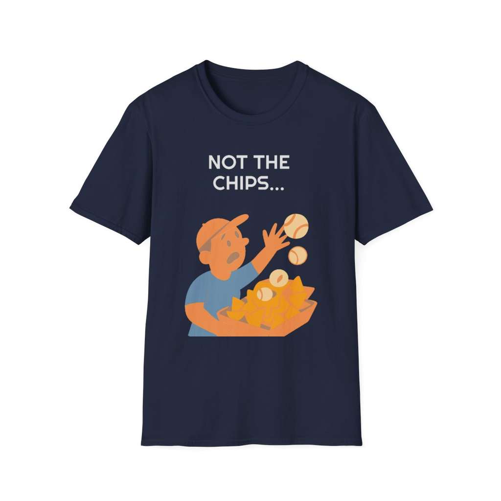 Navy t-shirt, front view, printed with a weekend box-seat fan design
