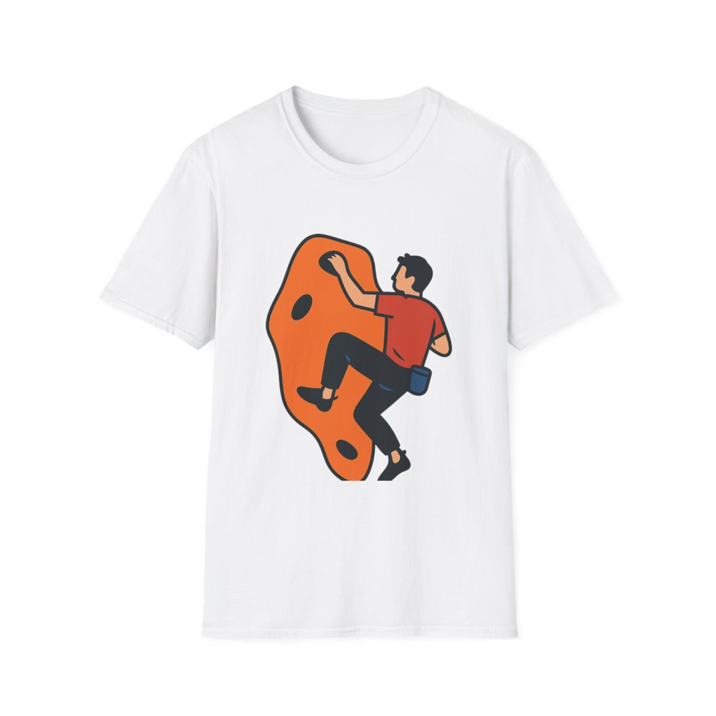White t-shirt, front view, printed with climber on an abstract orange boulder