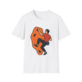 White t-shirt, front view, printed with climber on an abstract orange boulder
