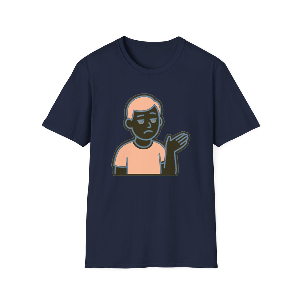 Navy t-shirt, front view, printed with cartoon unimpressed person shrugging