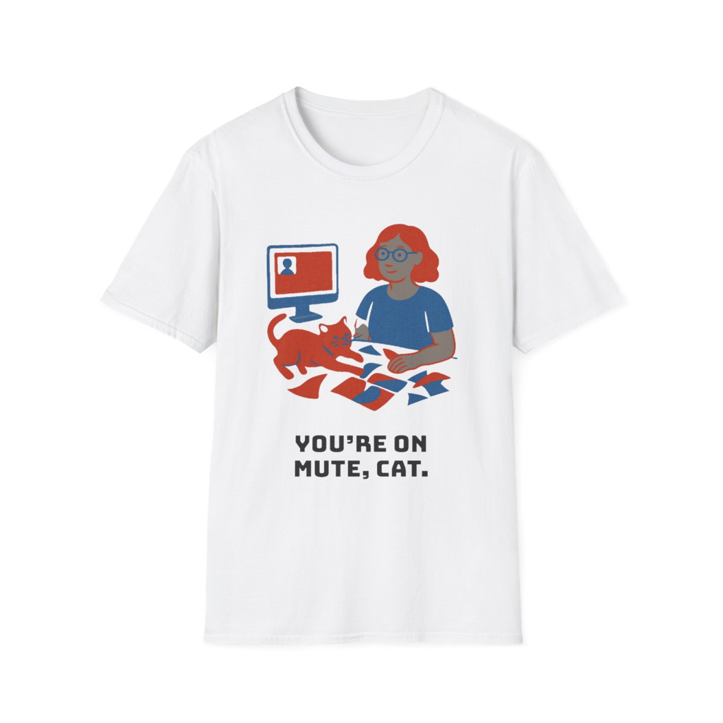 White t-shirt, front view, printed with a modern quilt guild member design