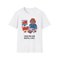 White t-shirt, front view, printed with a modern quilt guild member design