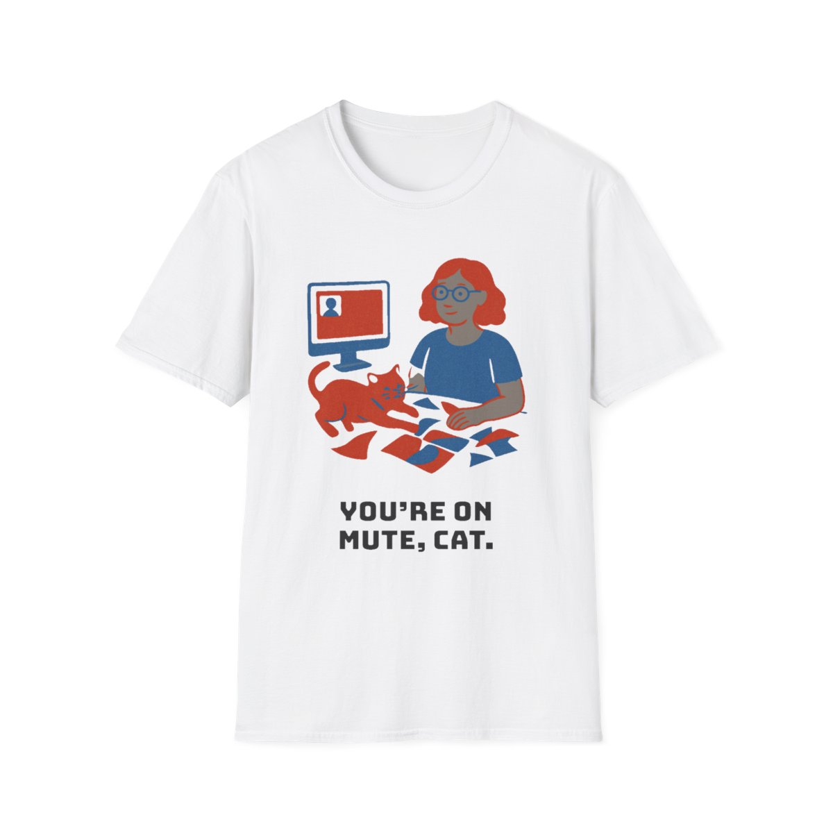 White t-shirt, front view, printed with a modern quilt guild member design