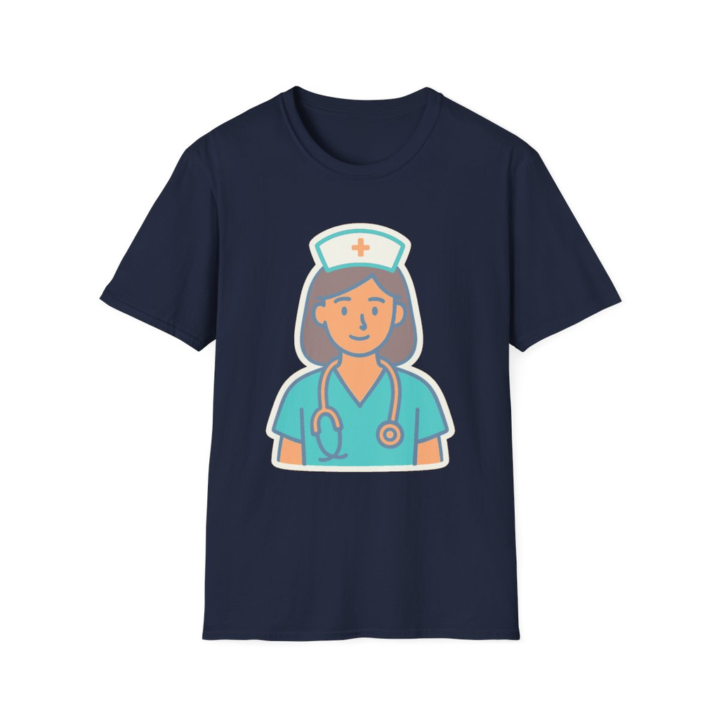 Navy t-shirt, front view, printed with simple nurse with stethoscope illustration