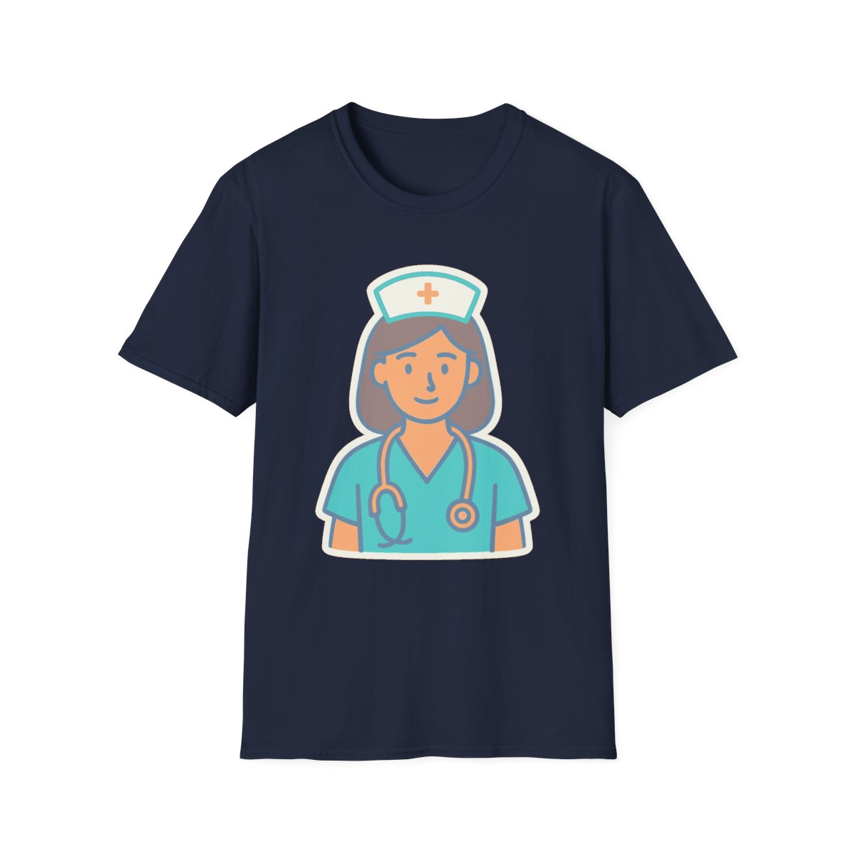 Navy t-shirt, front view, printed with simple nurse with stethoscope illustration