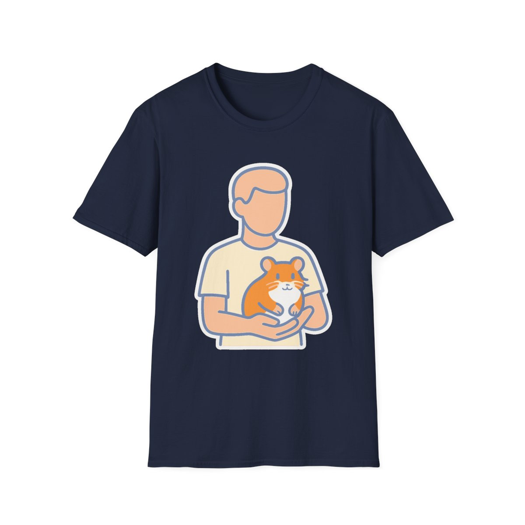 Navy t-shirt, front view, printed with person holding an orange-and-white hamster