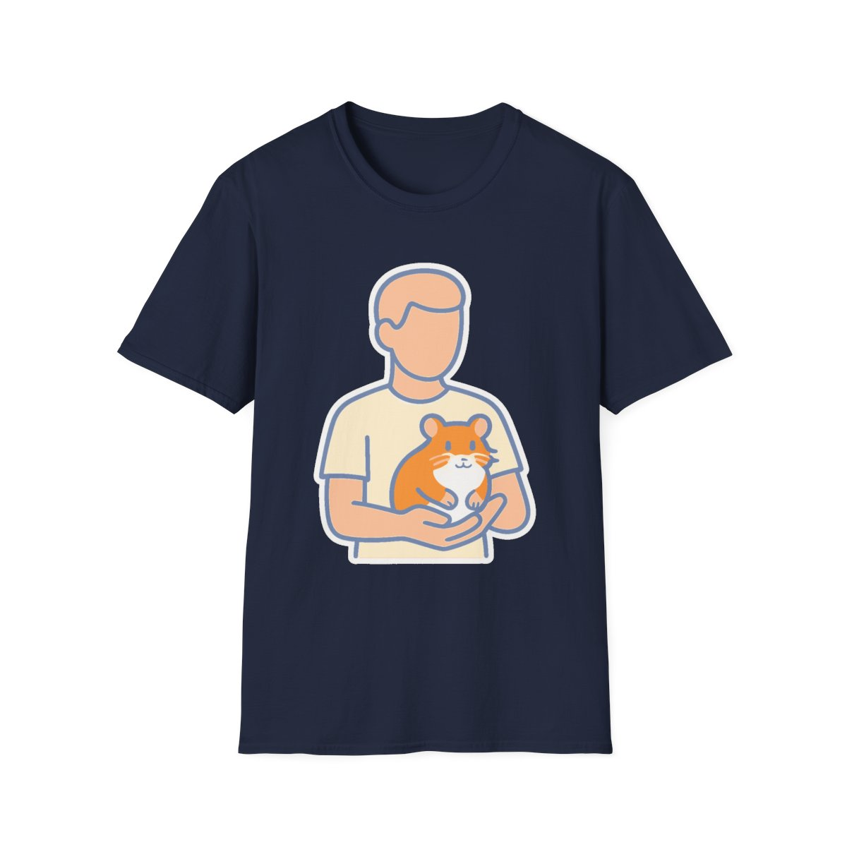 Navy t-shirt, front view, printed with person holding an orange-and-white hamster