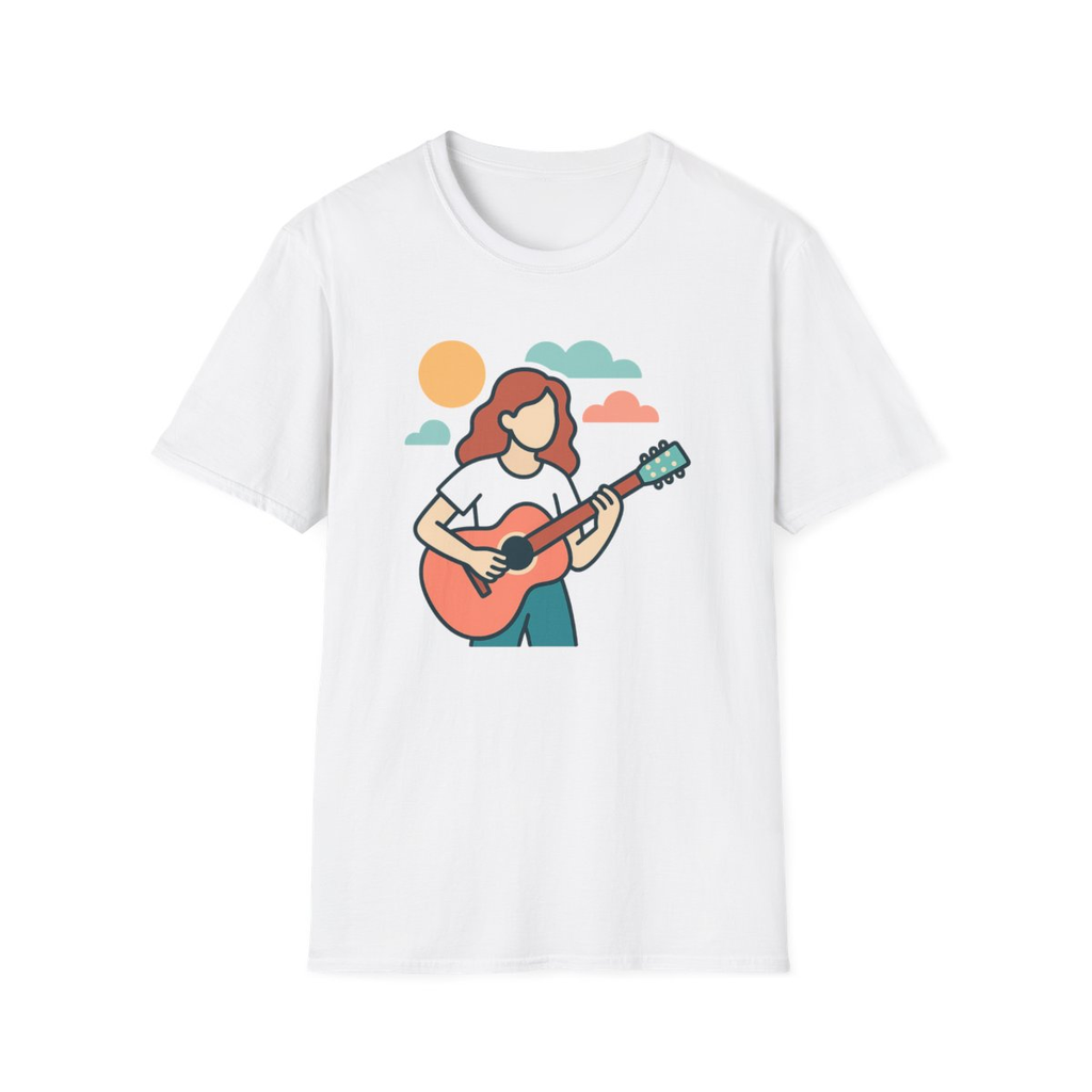 White t-shirt, front view, printed with faceless person playing acoustic guitar