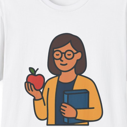 Close-up of the printed design detail: teacher holding apple and book