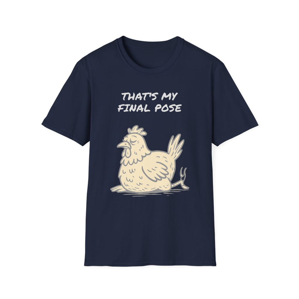 Navy t-shirt, front view, printed with a middle-aged hen design