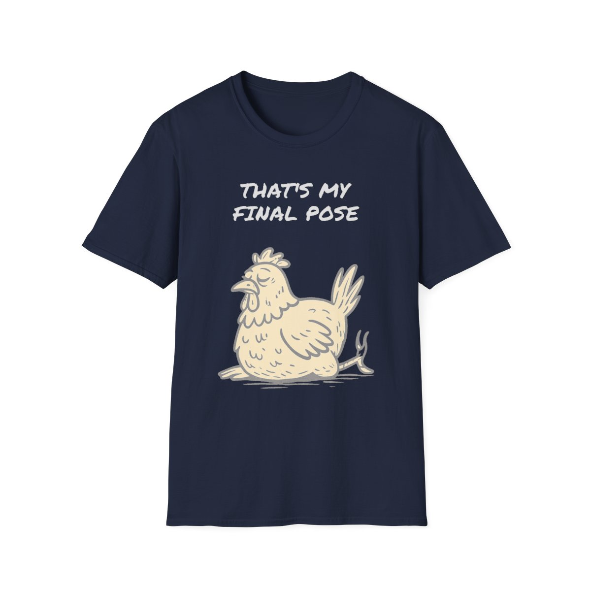 Navy t-shirt, front view, printed with a middle-aged hen design