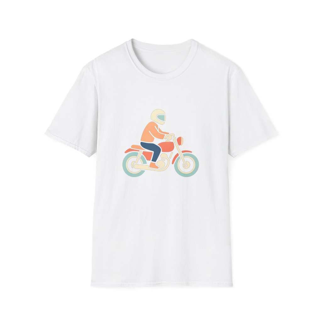 White t-shirt, front view, printed with simple rider on a motorcycle illustration