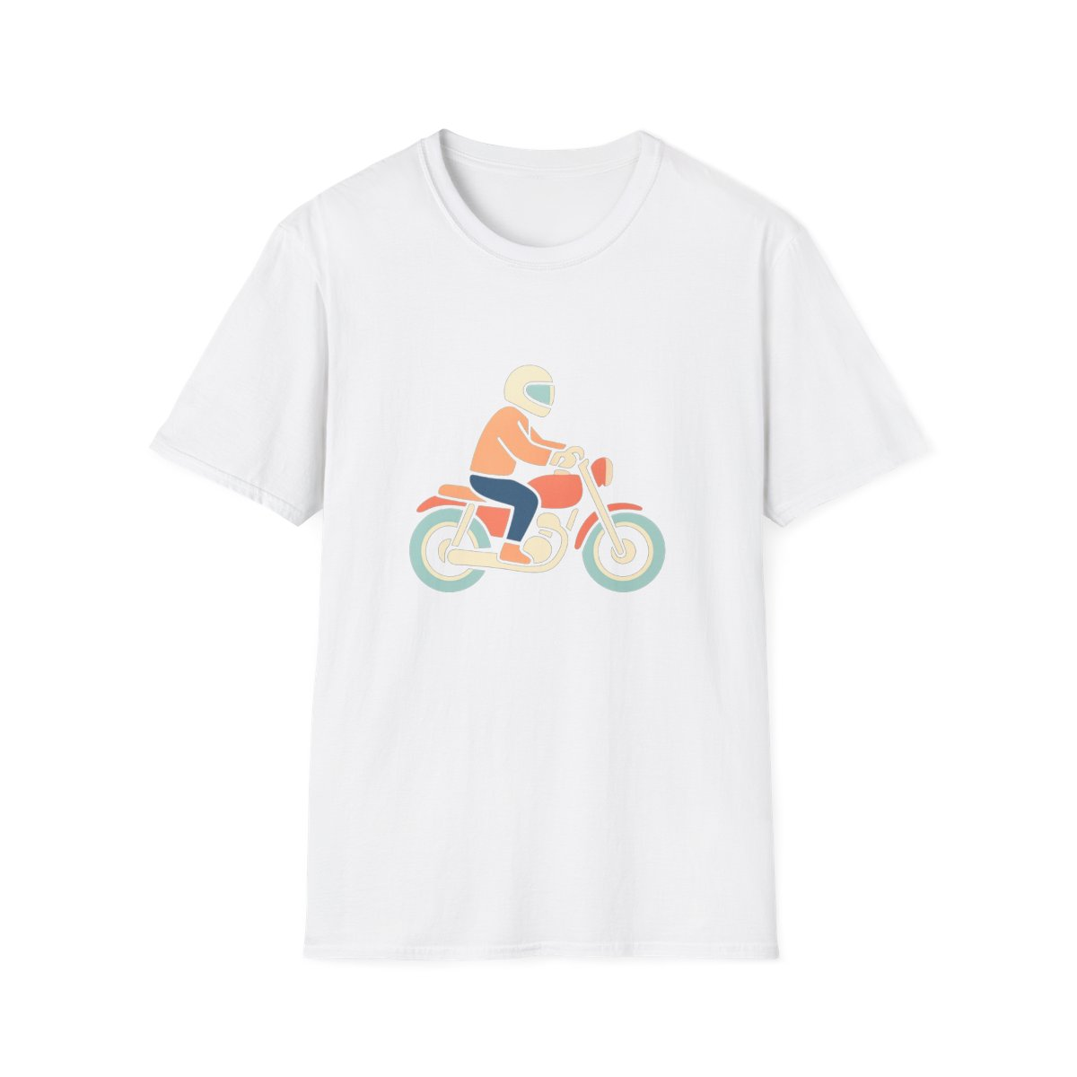 White t-shirt, front view, printed with simple rider on a motorcycle illustration