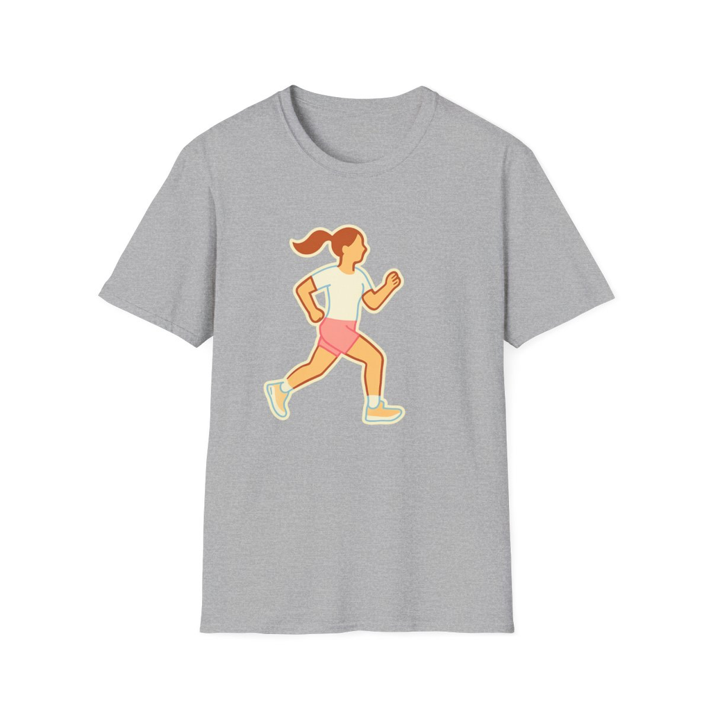 Sport Grey t-shirt, front view, printed with stylized runner mid-stride illustration