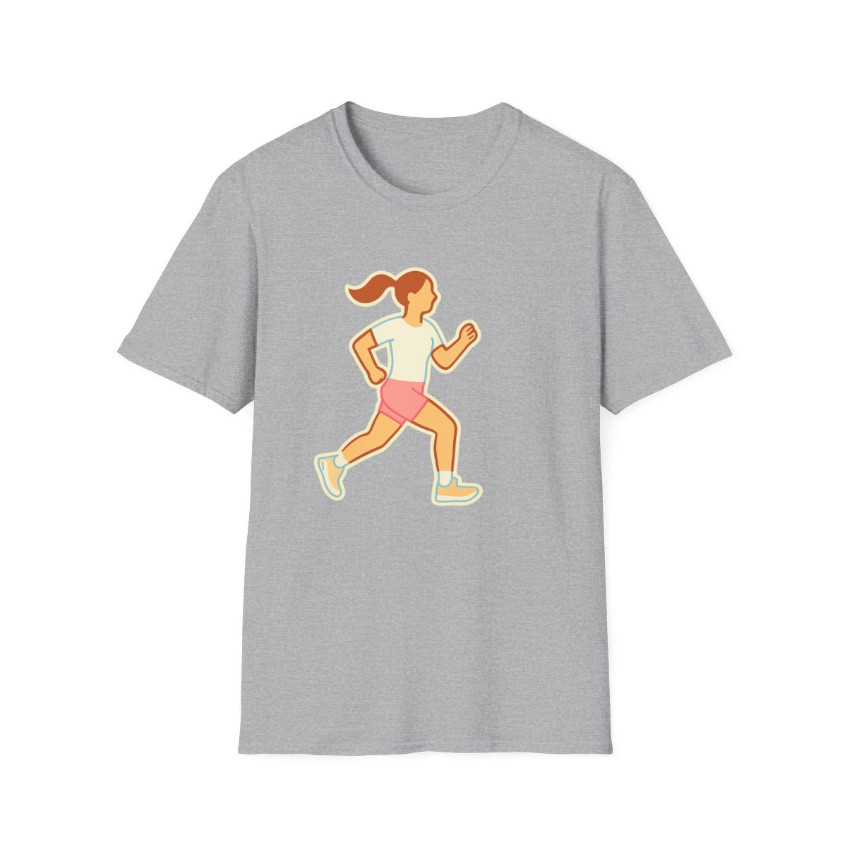 Sport Grey t-shirt, front view, printed with stylized runner mid-stride illustration