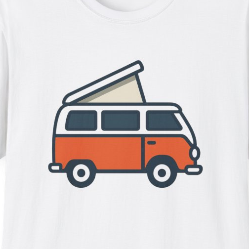 Close-up of the printed design detail: retro camper van illustration
