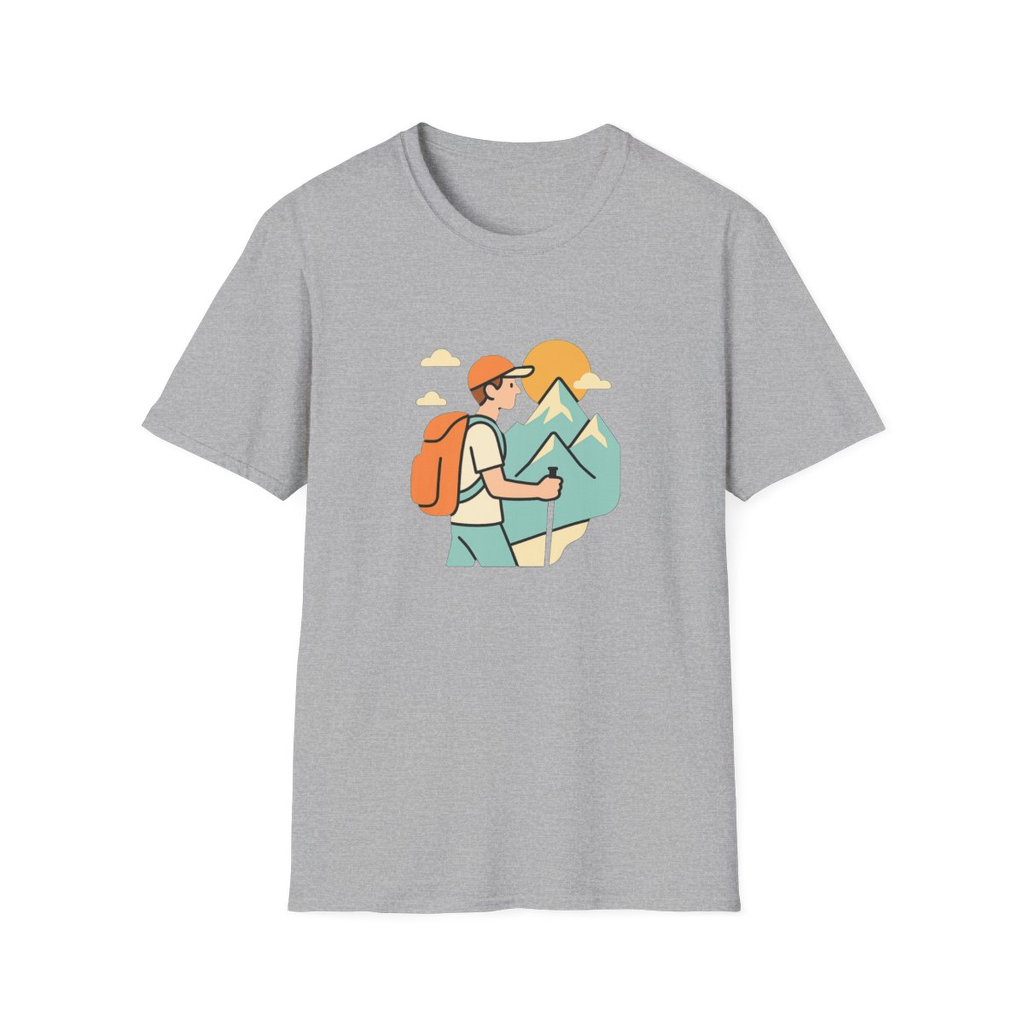 Sport Grey t-shirt, front view, printed with hiker looking at mountain peaks