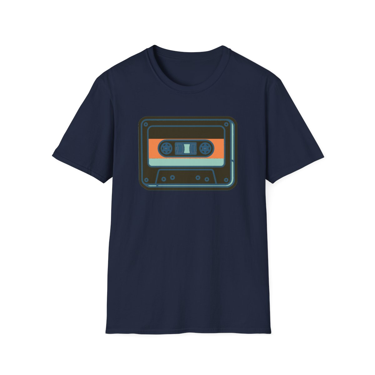 Navy t-shirt, front view, printed with illustrated retro cassette tape