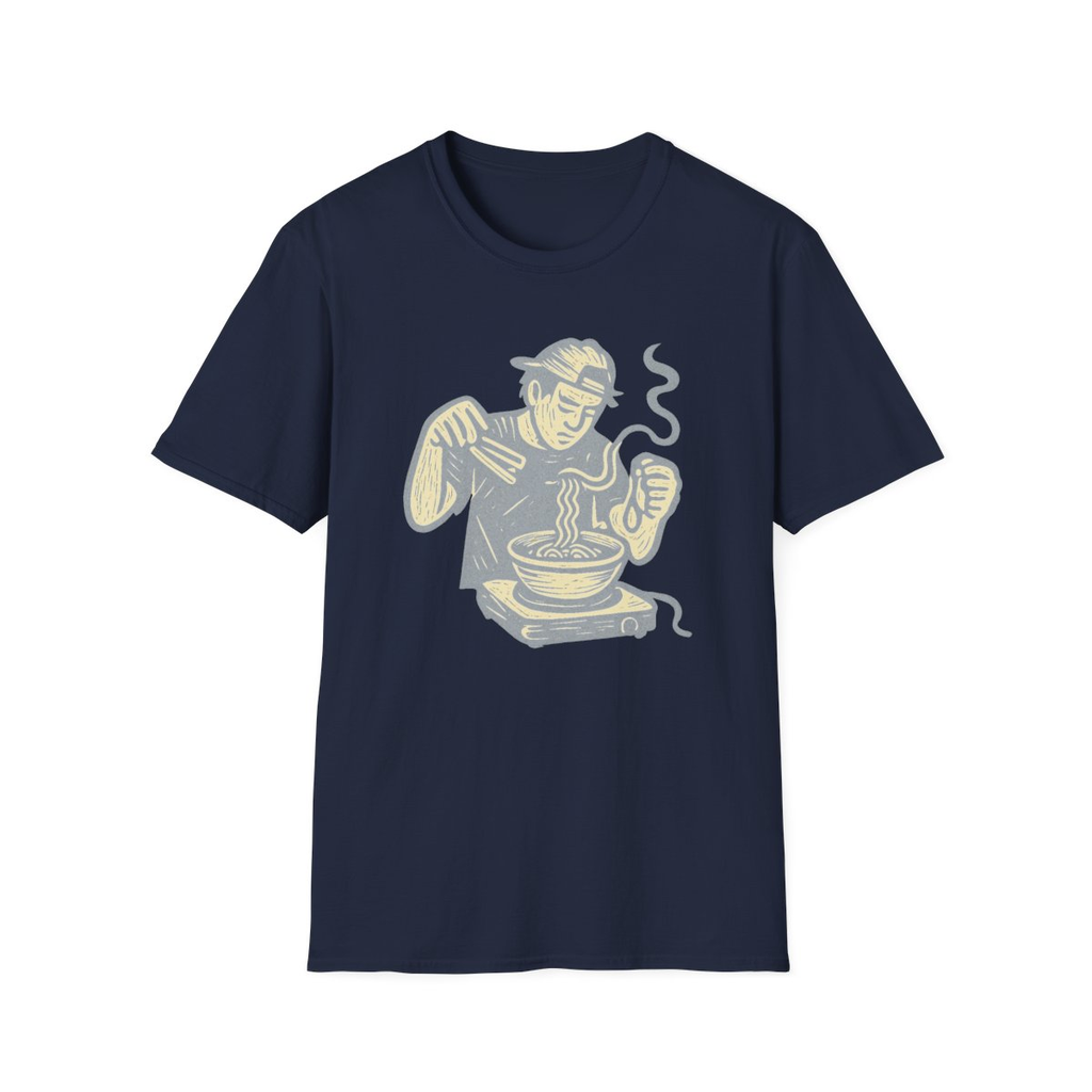 Navy t-shirt, front view, printed with a college ramen chef design
