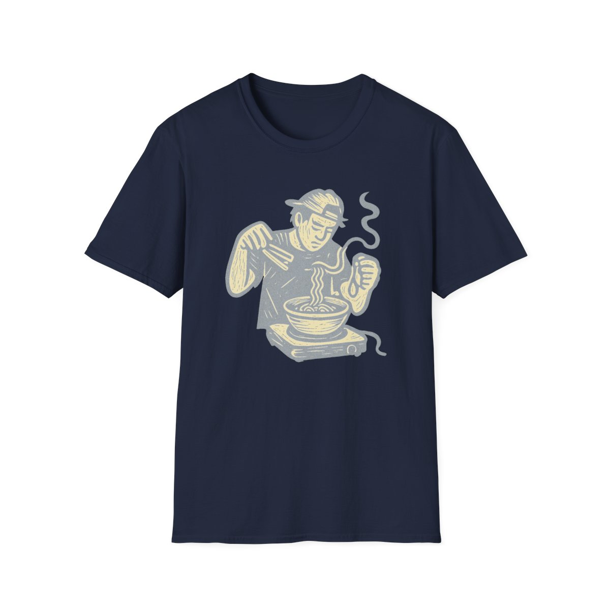 Navy t-shirt, front view, printed with a college ramen chef design