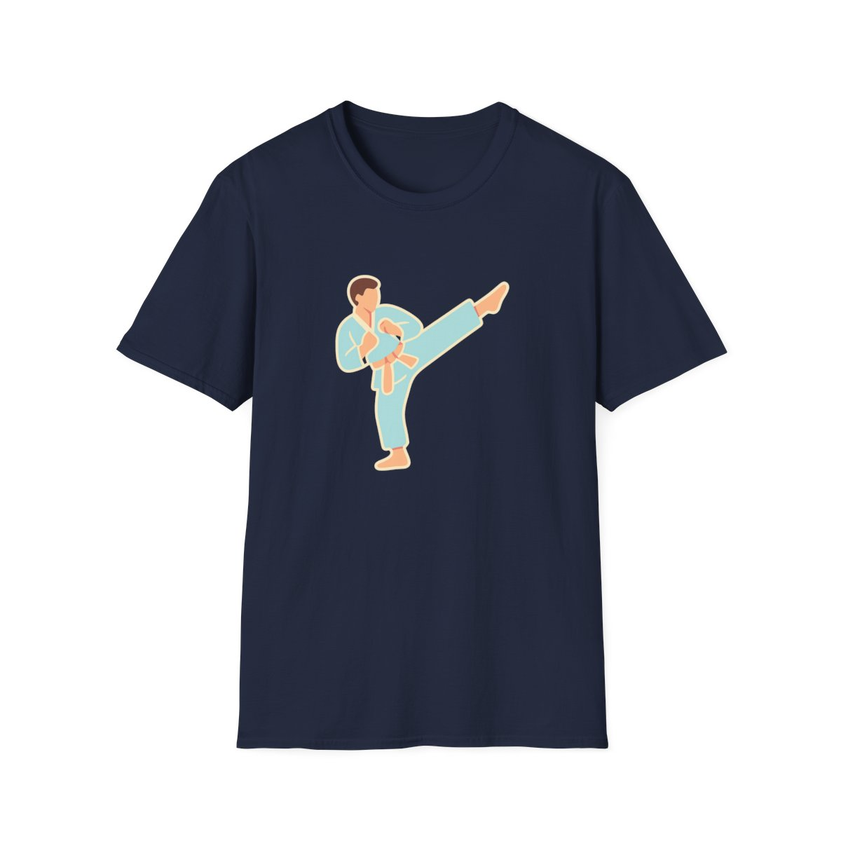 Navy t-shirt, front view, printed with stylized martial artist performing kick