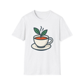 White t-shirt, front view, printed with hands holding steaming teacup with leaf