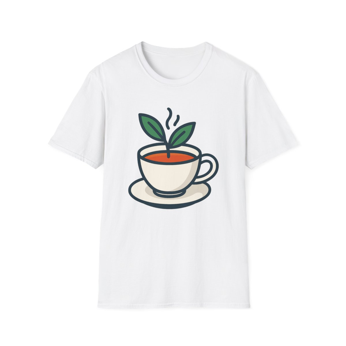White t-shirt, front view, printed with hands holding steaming teacup with leaf