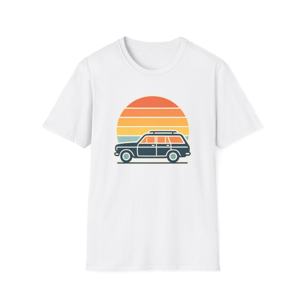 White t-shirt, front view, printed with retro station wagon and striped sunset