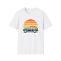 White t-shirt, front view, printed with retro station wagon and striped sunset