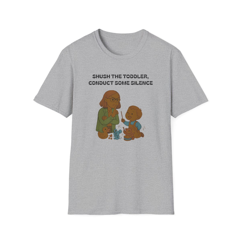 Sport Grey t-shirt, front view, printed with a sardonic children's librarian design