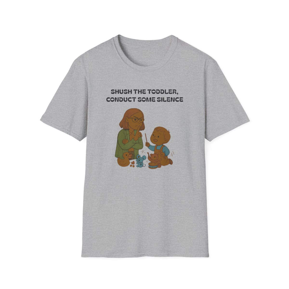 Sport Grey t-shirt, front view, printed with a sardonic children's librarian design