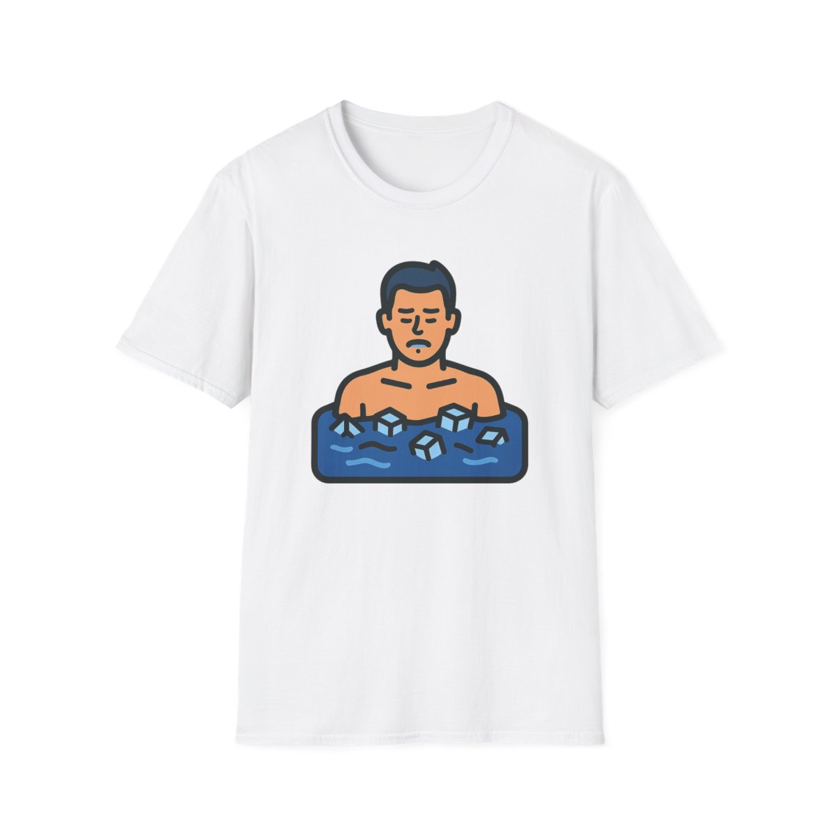 White t-shirt, front view, printed with bearded man in wooden hot tub