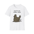 White t-shirt, front view, printed with a middle-aged hen design