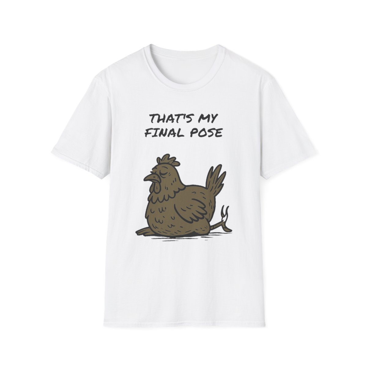 White t-shirt, front view, printed with a middle-aged hen design
