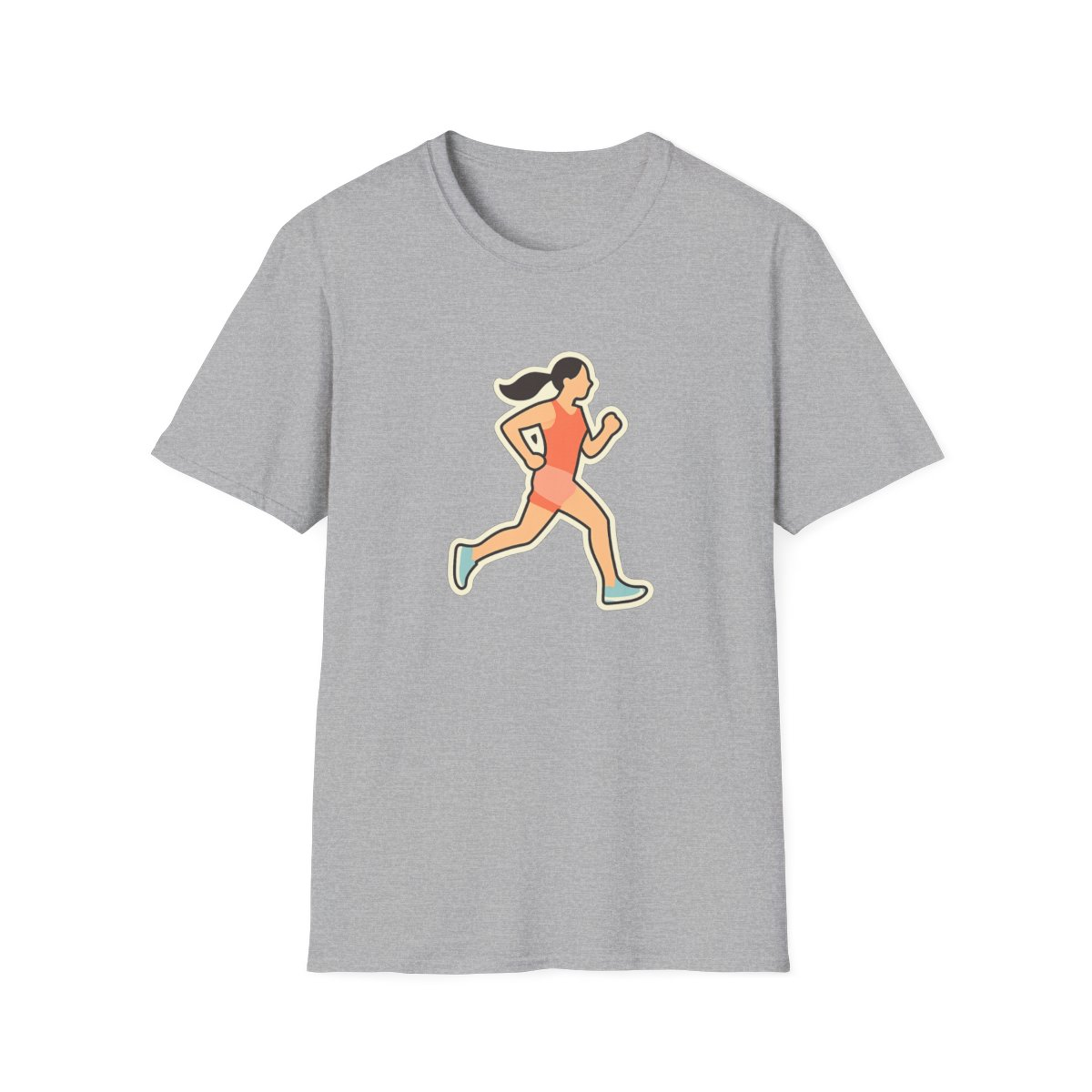 Sport Grey t-shirt, front view, printed with stylized runner mid-stride illustration